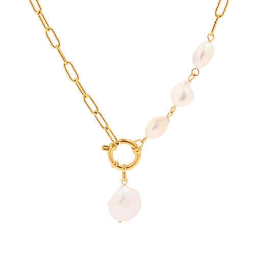 Golden stainless steel Baroque pearl pendant necklace