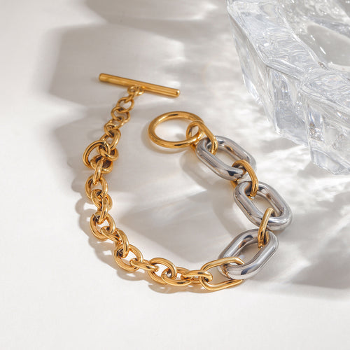 Stainless steel, gold and silver color-matched chain, oval smooth surface, hollowed-out circular OT buckle bracelet