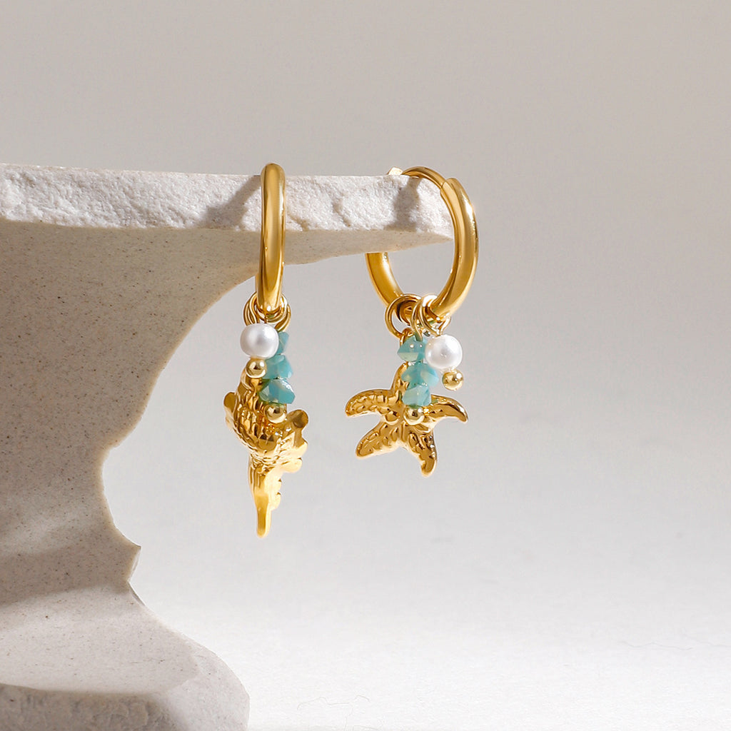 Crushed stone starfish conch pearl pendant earrings