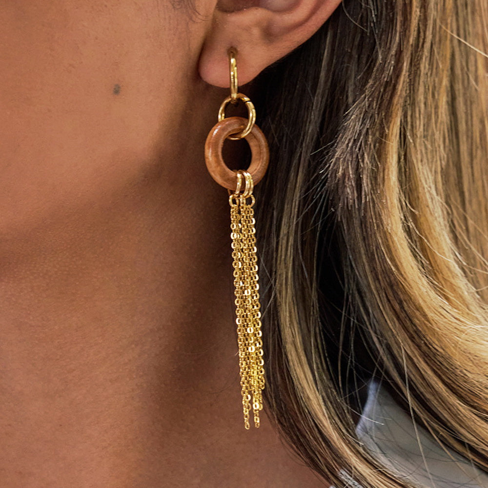 Wooden tassel stainless steel earrings