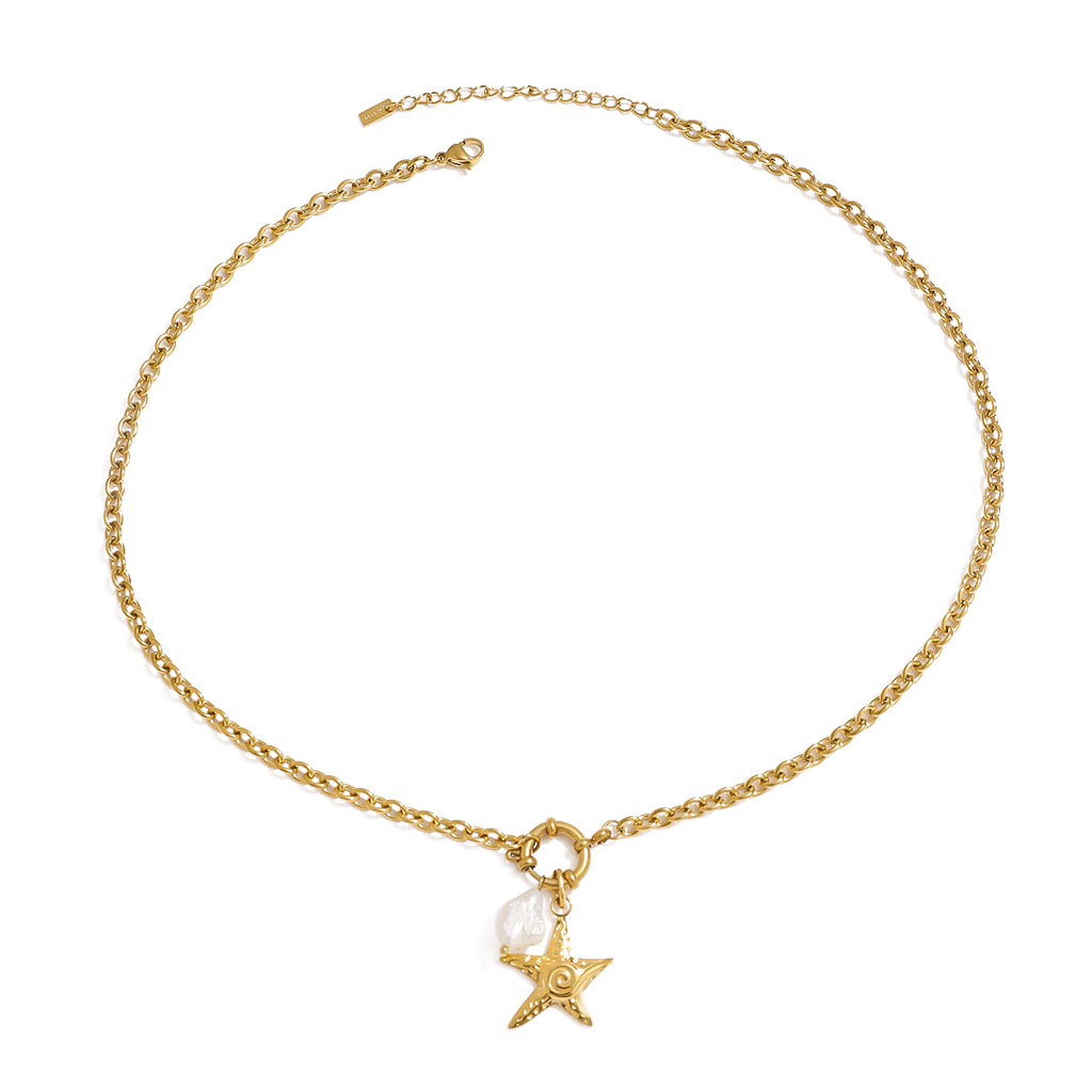 18K gold stainless steel starfish freshwater pearl pendant necklace