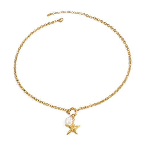 18K gold stainless steel starfish freshwater pearl pendant necklace