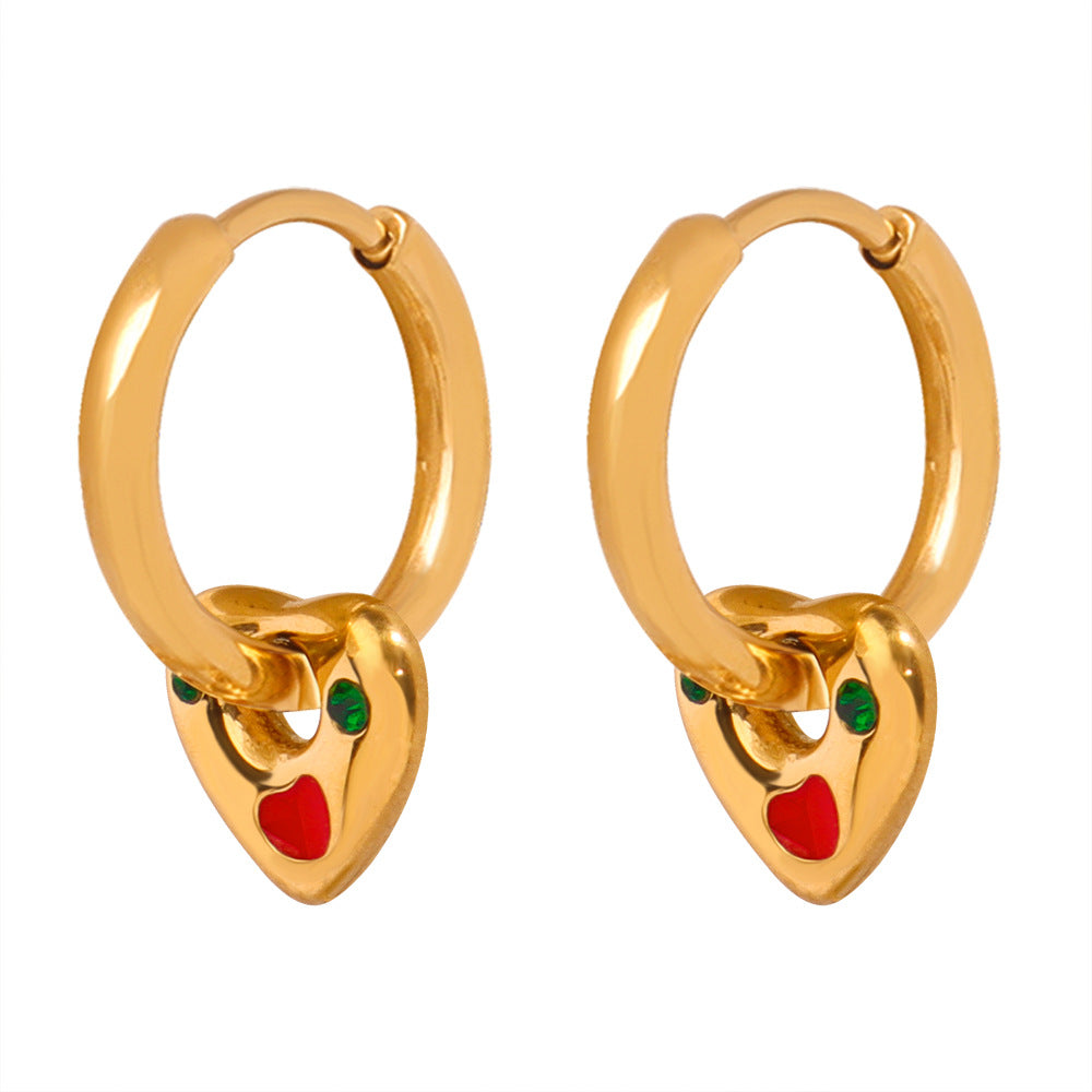 Stainless steel oil-dropped zirconium heart-shaped pendant earrings