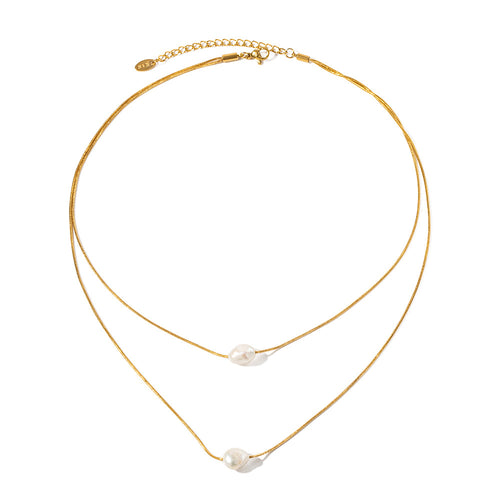 18K gold stainless steel freshwater pearl string chain double-layer necklace