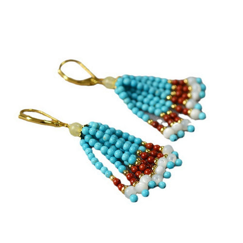Turquoise shell handcrafted beaded tassel earrings