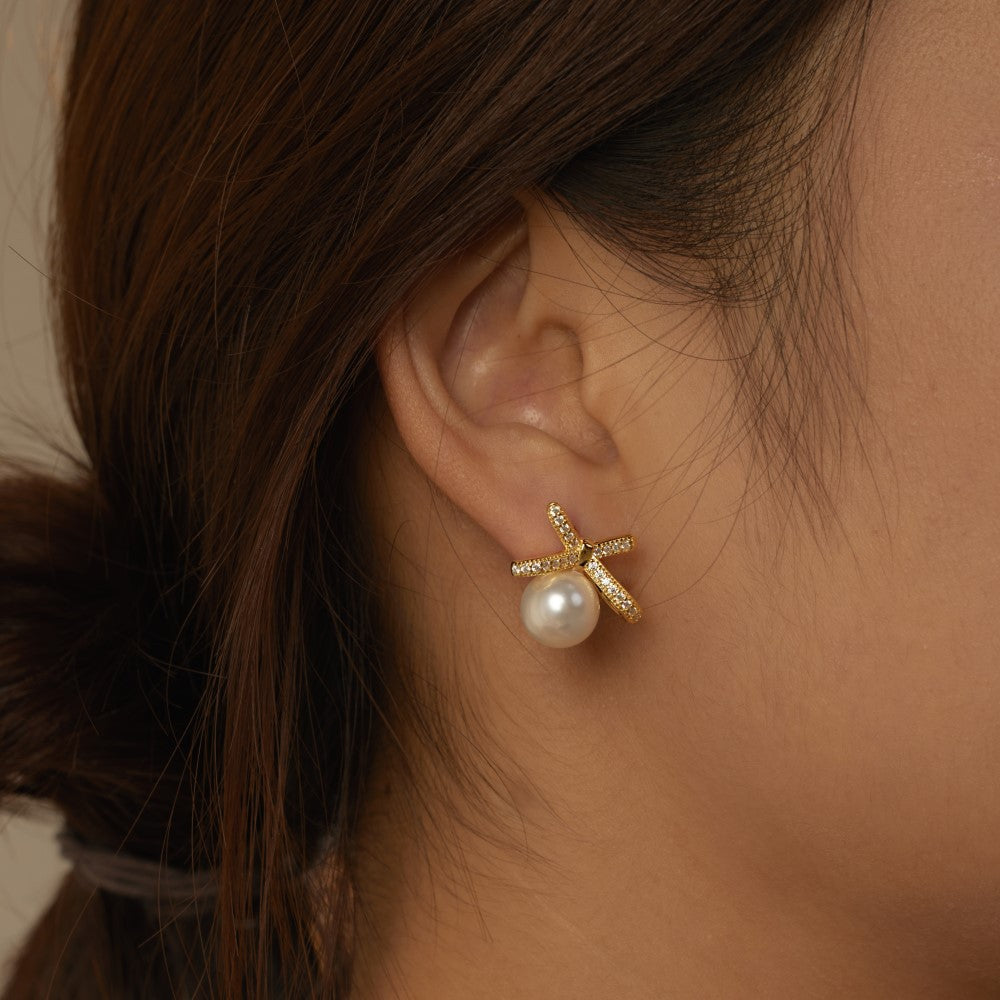 S925 sterling silver bow earrings set with zircon pearl stud earrings