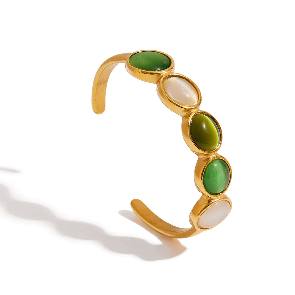 18K gold stainless steel green and white cat's eye open bracelet