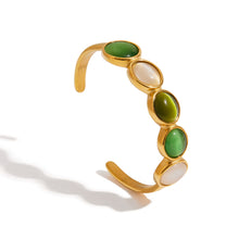 Load image into Gallery viewer, 18K gold stainless steel green and white cat&#39;s eye open bracelet