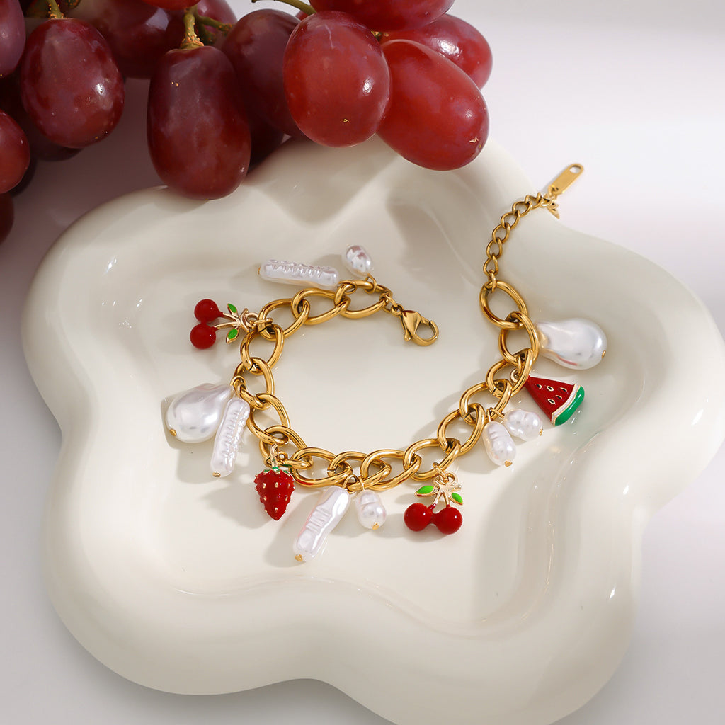 Imitation pearl cherry watermelon pendant stainless steel bracelet