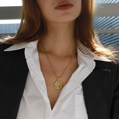 18K gold stainless steel Sun, Moon and diamond set pendant necklace