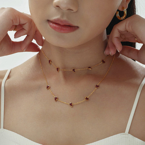 Stainless steel gold-plated wine red enamel oil dripping heart necklace collarbone chain