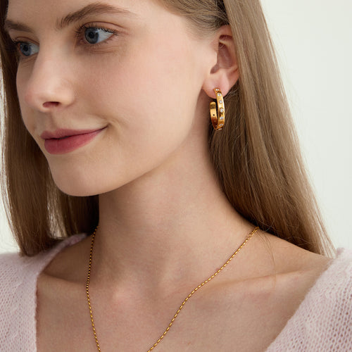 Golden stainless steel zircon C-shaped earrings