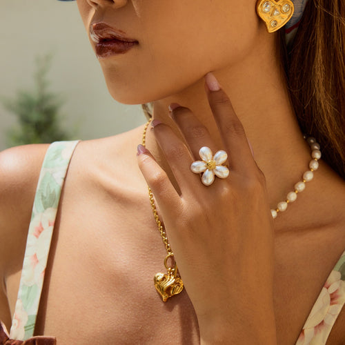 Stainless steel flower pearl open ring