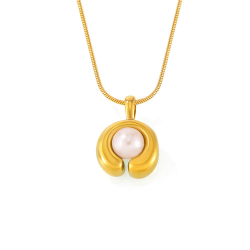 A C-shaped freshwater pearl pendant necklace made of stainless steel plated with 18K gold