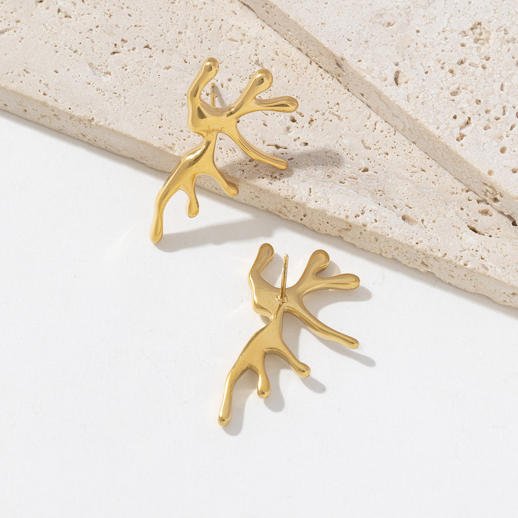 Golden stainless steel coral shaped irregular-shaped earrings