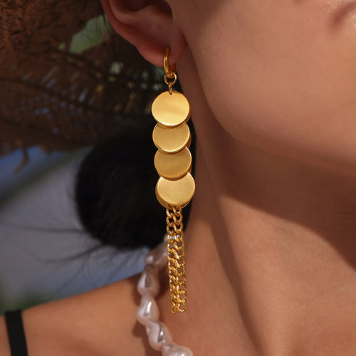 Stainless steel gold-plated round tassel earrings