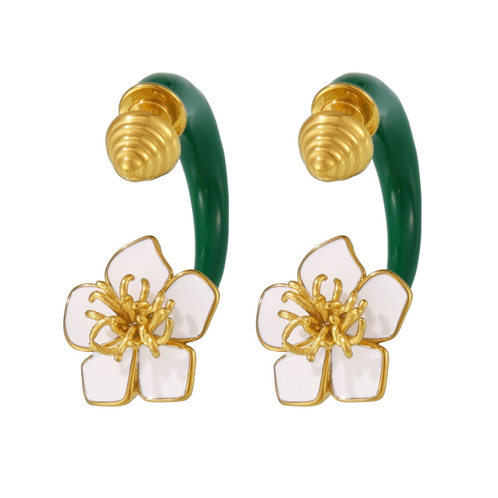 Stainless steel 18K gold-plated threaded enamel oil drip camellia double-sided stud earrings