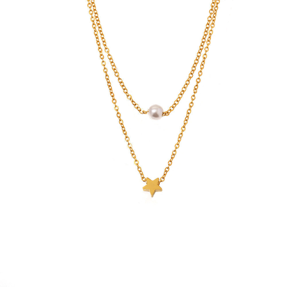 Stainless steel 18K gold star-shaped beaded multi-layer necklace