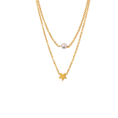 Stainless steel 18K gold star-shaped beaded multi-layer necklace