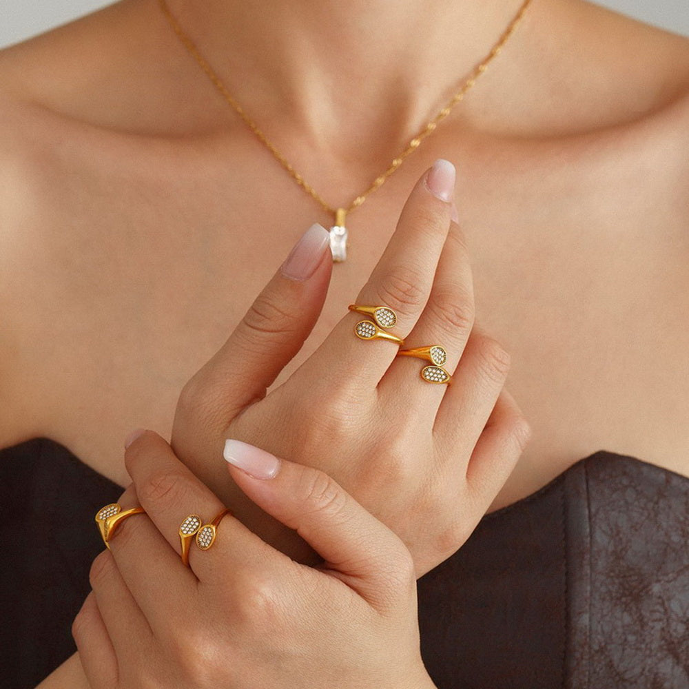 Stainless steel gold-plated irregular zirconium-encrusted open ring