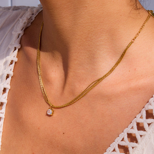 Stainless steel square zircon pendant four-layer chain necklace