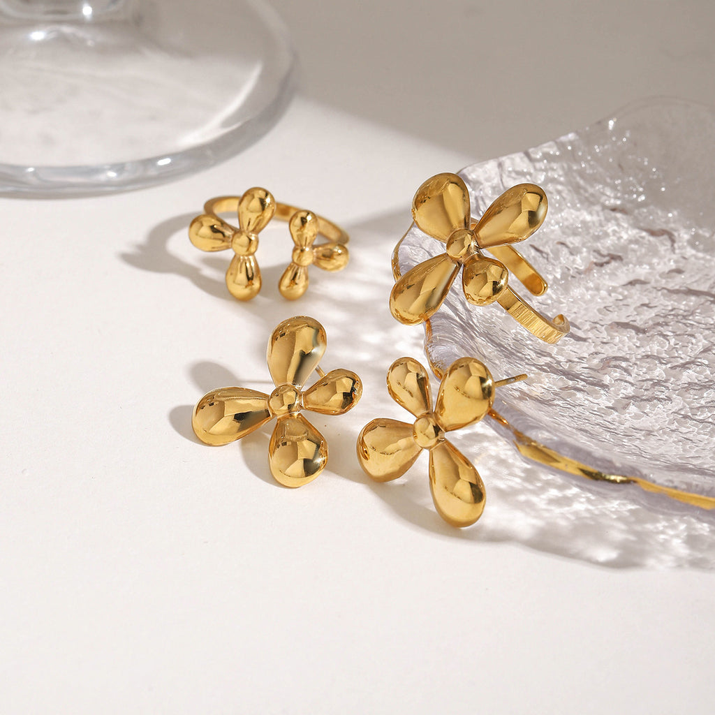18K gold stainless steel asymmetrical flower-opening ring