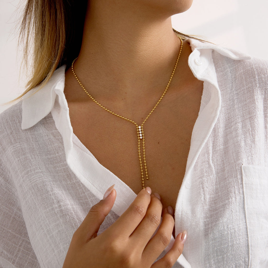 Stainless steel electroplated 18K white rhinestone sweater chain Y-shaped chain