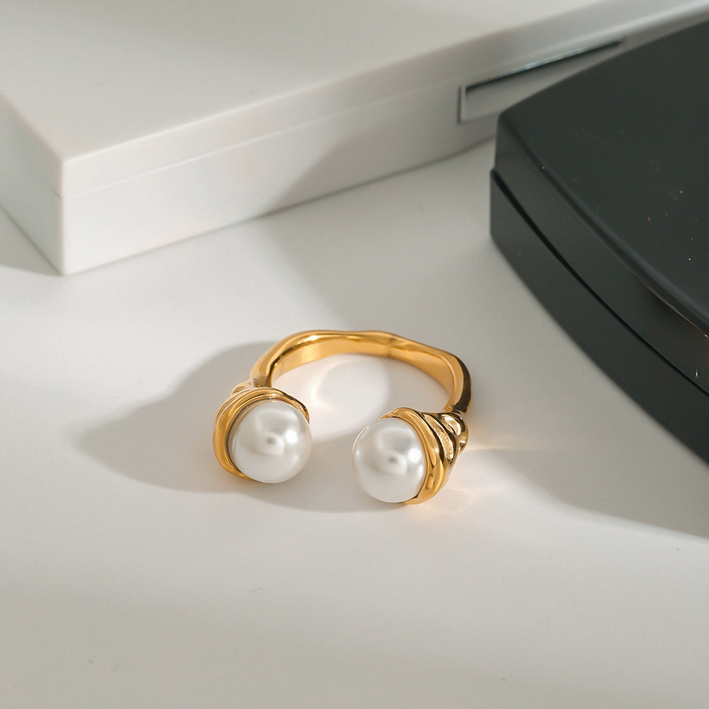 18K gold imitation pearl stainless steel open ring