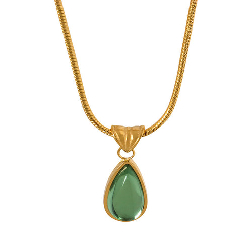 Stainless steel gold-plated teardrop-shaped green glass stone pendant necklace