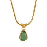 Stainless steel gold-plated teardrop-shaped green glass stone pendant necklace