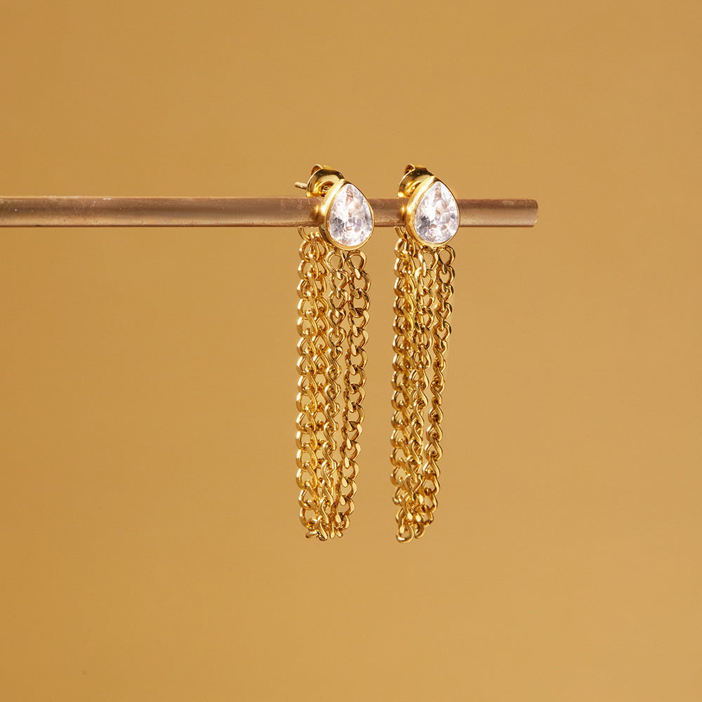 Stainless steel zircon chain tassel earrings