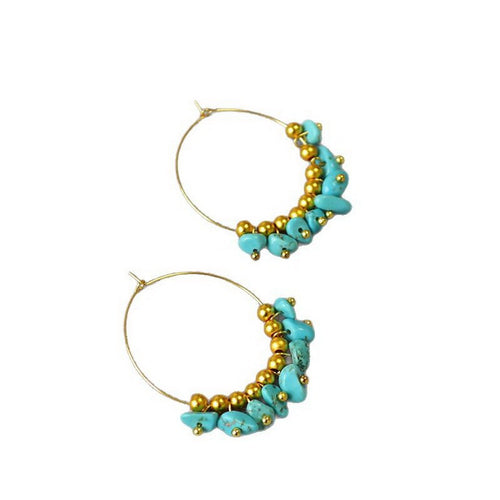Irregular turquoise crushed stone beaded circle earrings