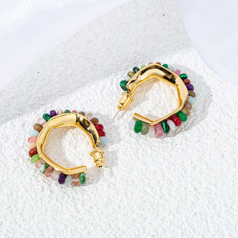 Colored natural stone beaded C-shaped earrings