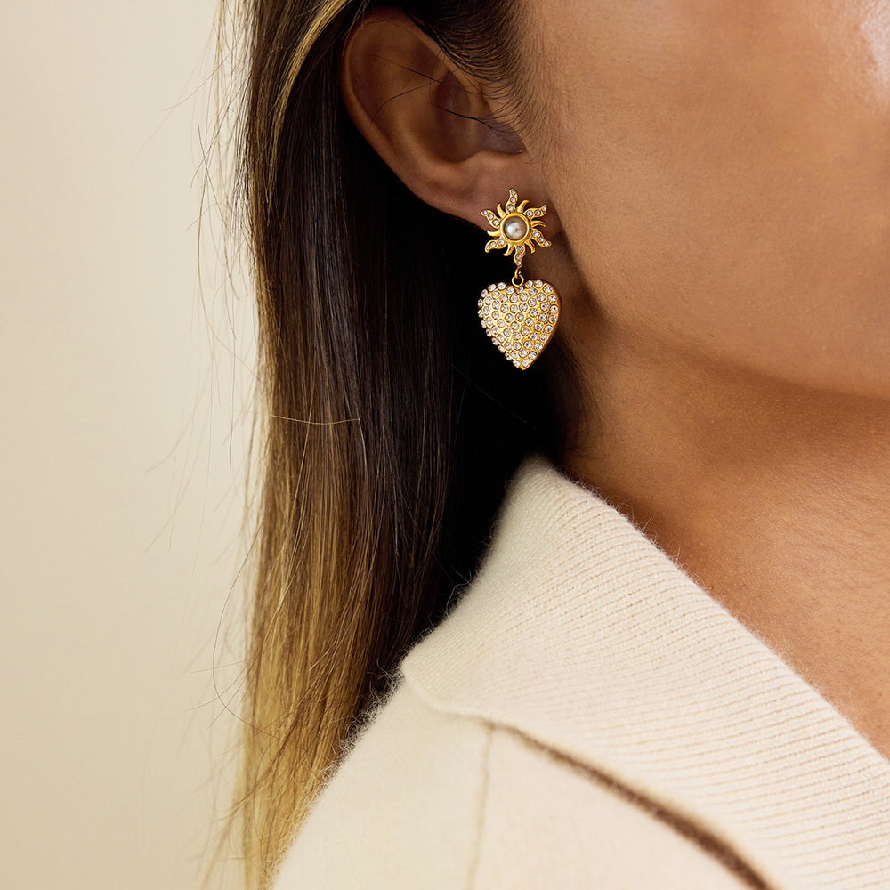 Golden stainless steel pearl heart-shaped rhinestone pendant earrings