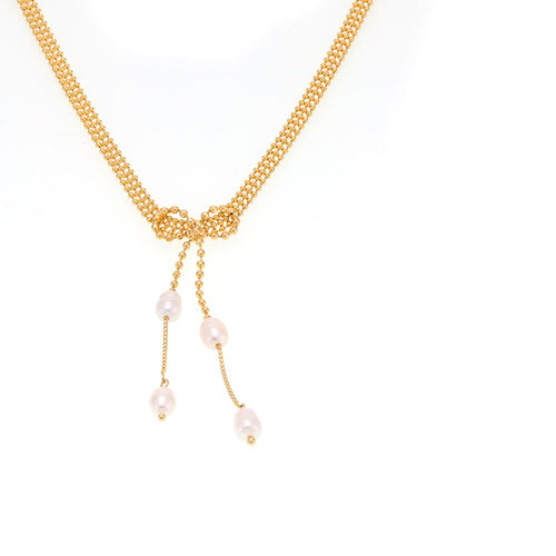 Copper rice bead chain bow freshwater pearl tassel pendant necklace