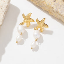 Load image into Gallery viewer, Golden stainless steel starfish pearl tassel pendant earrings