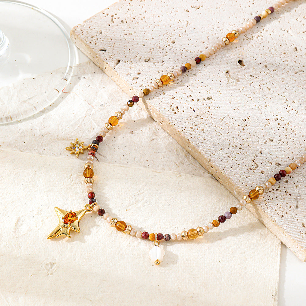 Colored natural stone beaded starburst pendant necklace