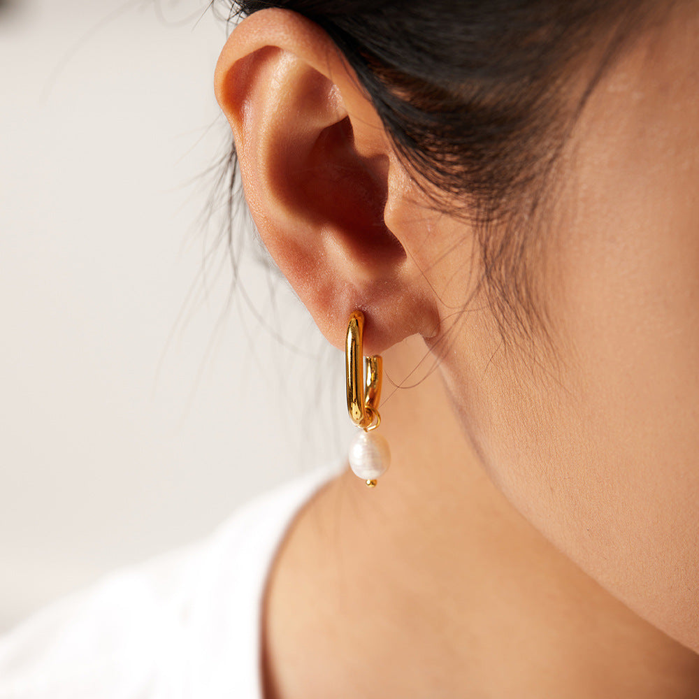 Golden stainless steel freshwater pearl pendant U-shaped earrings