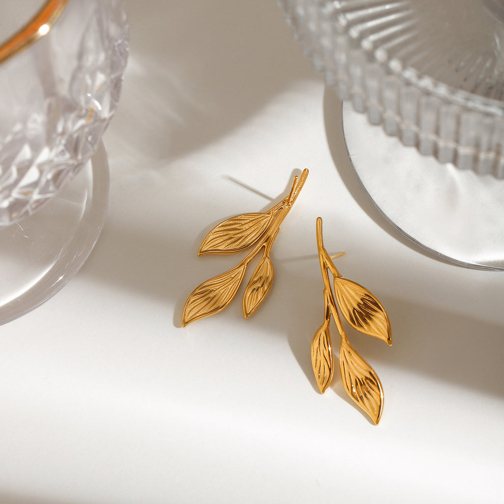 18K gold stainless steel leaf earrings