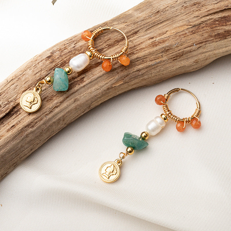 Colored natural stone long earrings