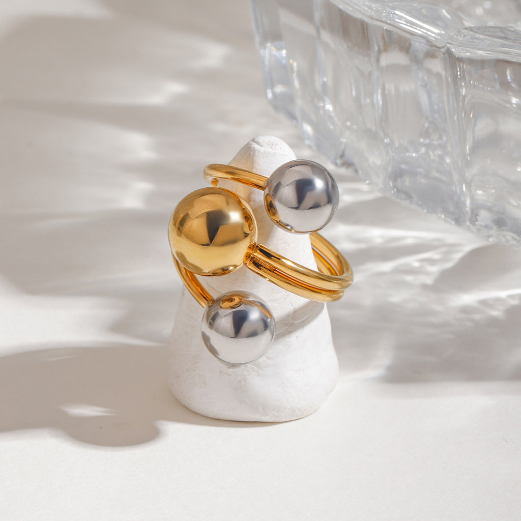 Stainless steel, gold and silver color-matched three-layer line steel ball open ring