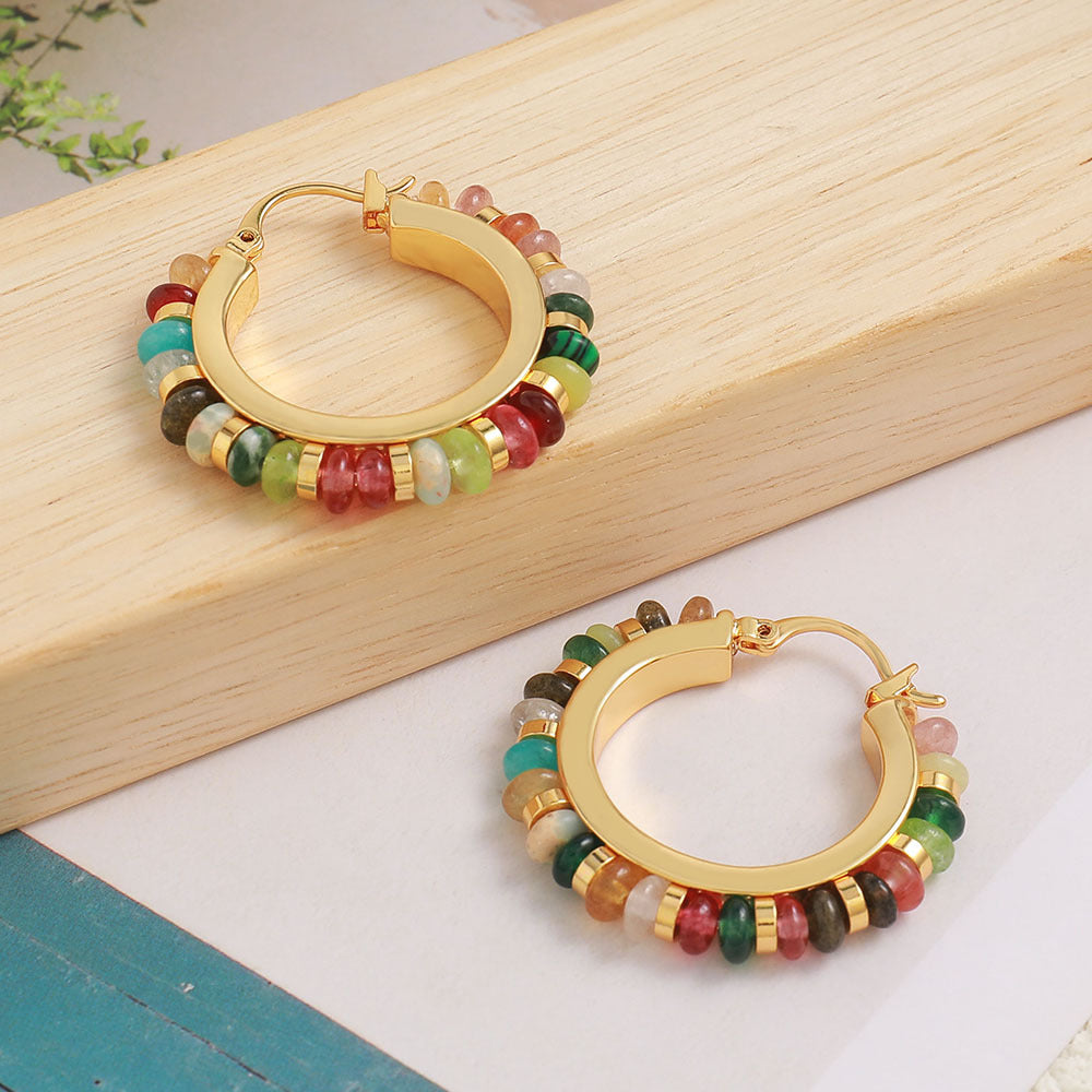Colored circular beaded natural stone earrings