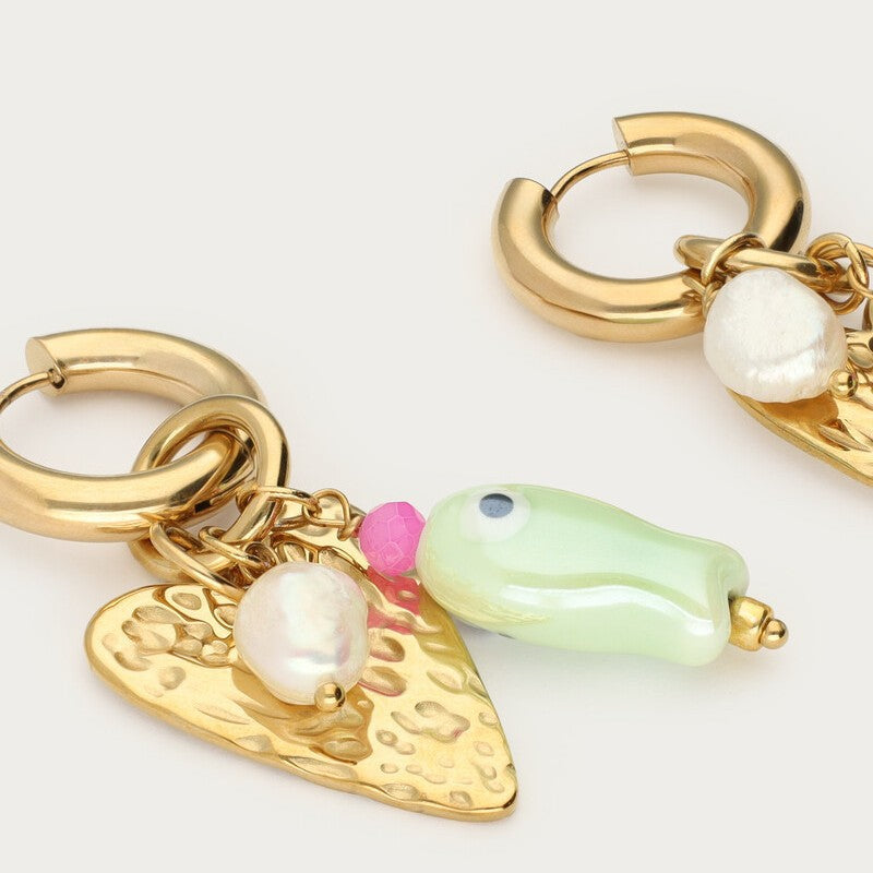 Stainless steel pearl heart-shaped small fish pendant earrings