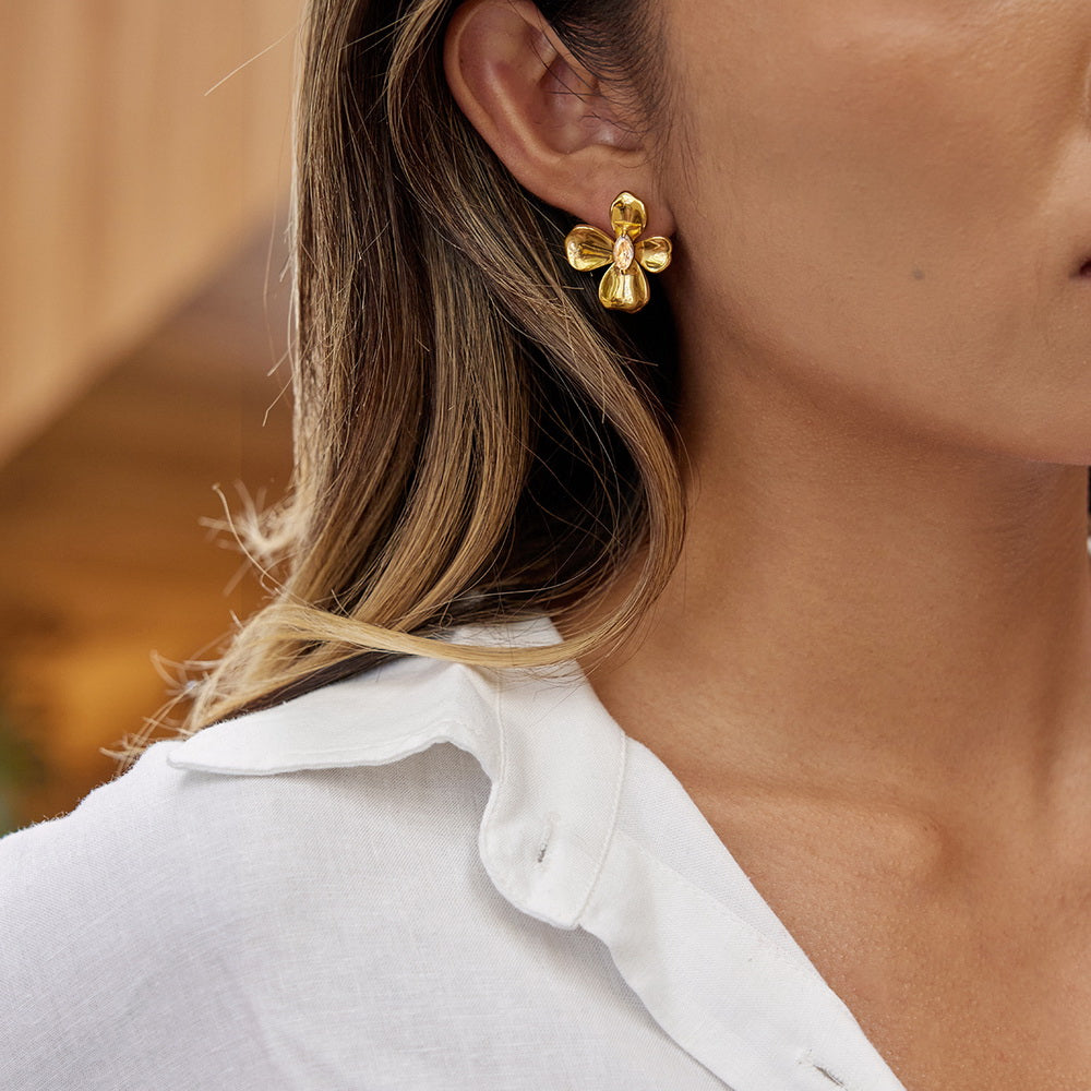 Golden stainless steel flower zircon earrings