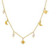 Stainless steel star Moon natural freshwater pearl pendant necklace collarbone chain