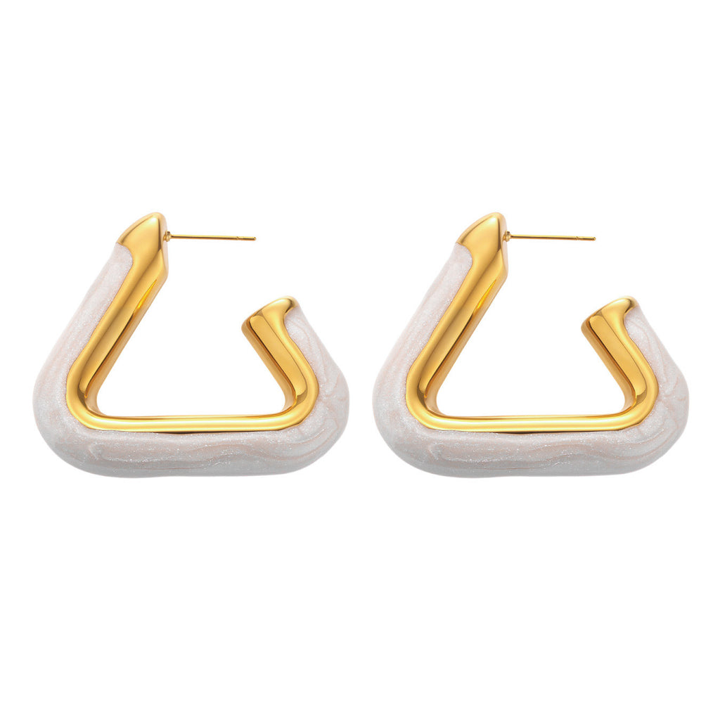 Stainless steel oil-dripping white triangular hollow earrings