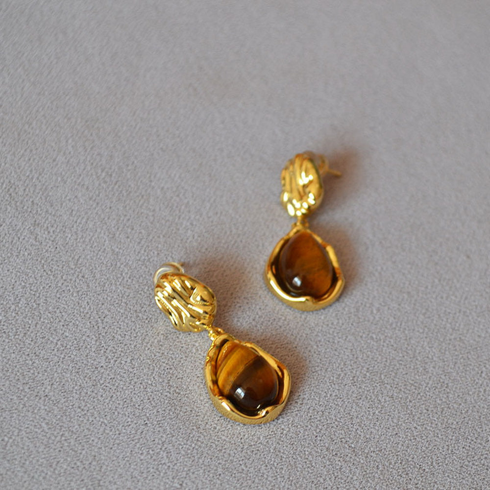 Water-drop tiger's eye stone brass gold-plated earrings