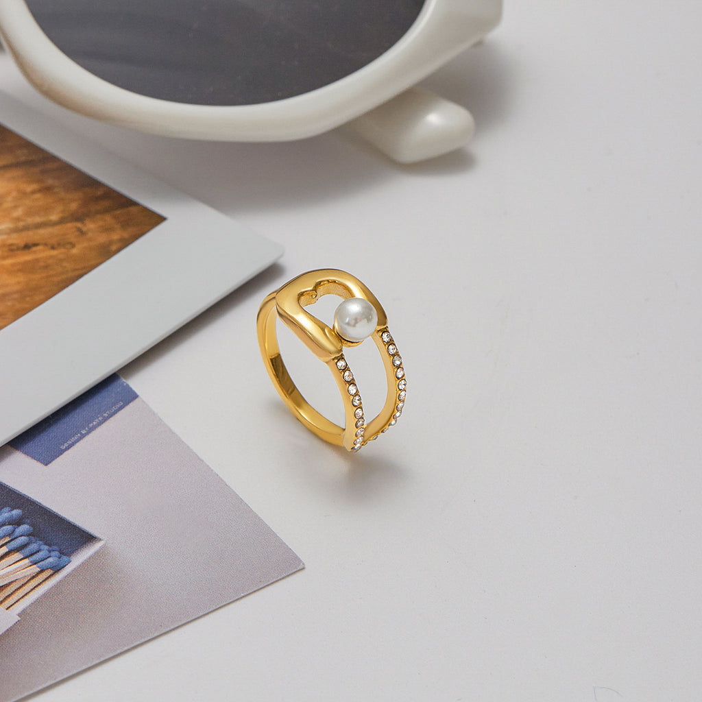 18K gold stainless steel pearl diamond-encrusted ring