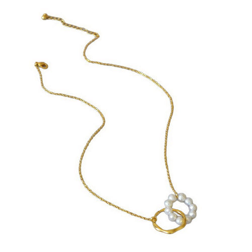 Double-ring interlocking freshwater pearl brass gold-plated necklace collarbone chain