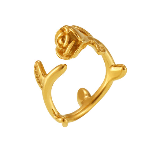 A golden stainless steel three-dimensional rose flower opening ring